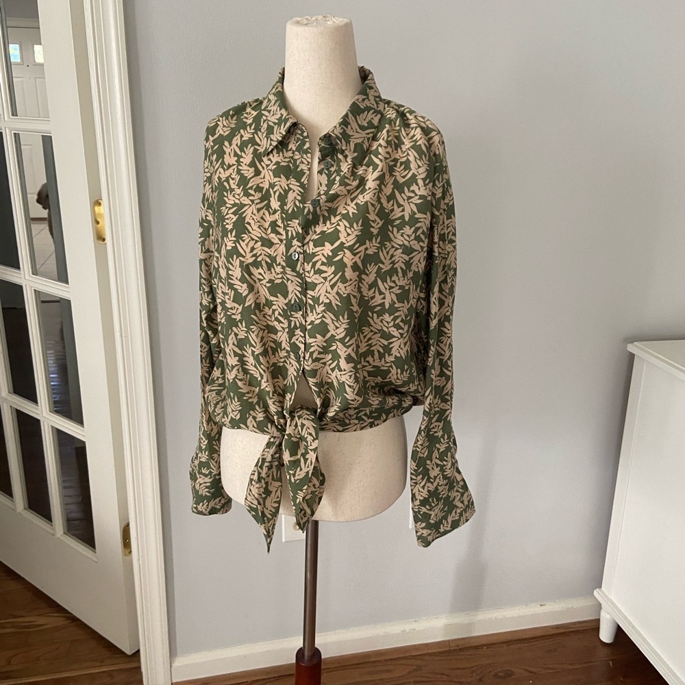 ba&sh Green and Cream Button Down Shirt